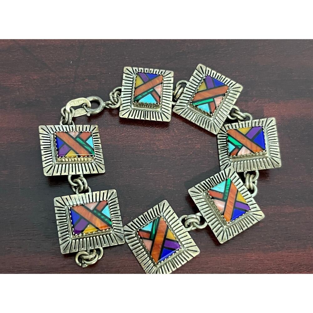 VTG QT Quoc Sterling Silver Mosaic Inlay Bracelet AS IS Tribal Southwestern - Picture 2 of 8